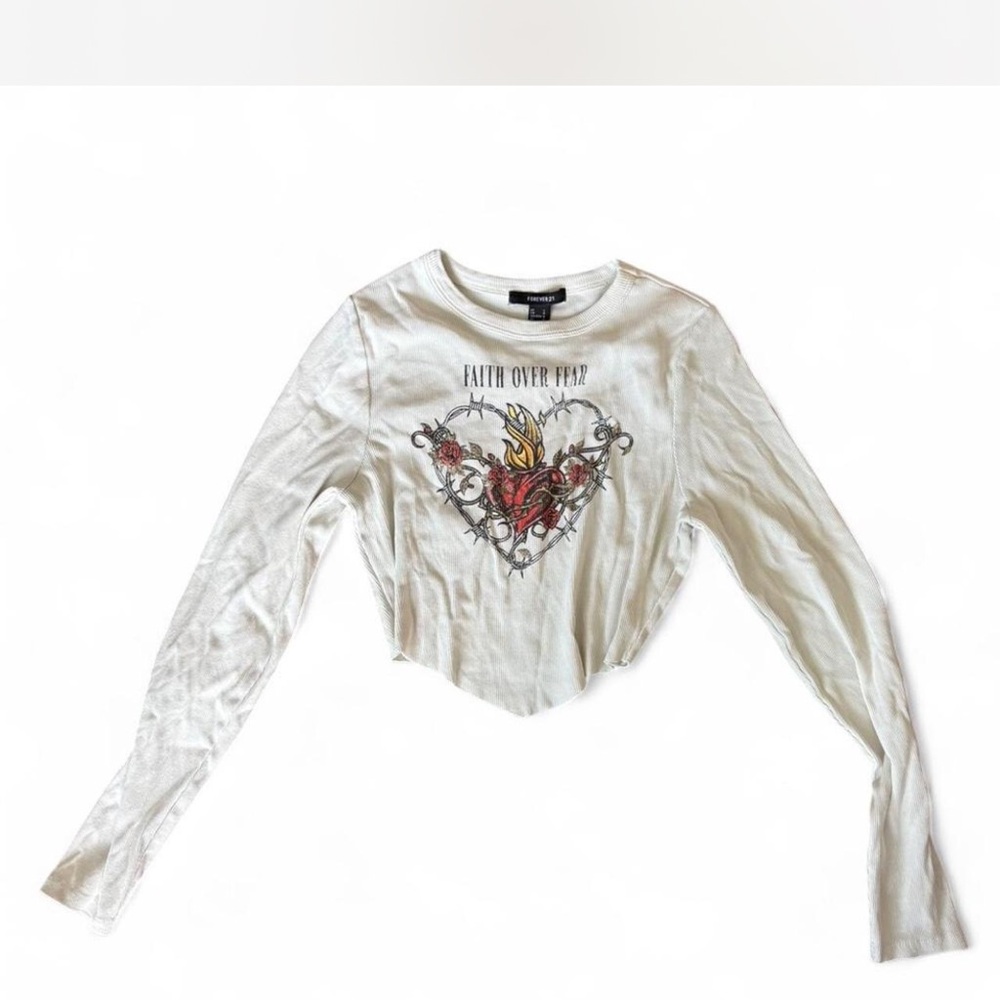 Forever 21 White Long Sleeve Top with Graphic Design